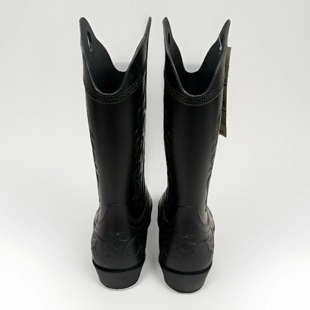 Womans Cowboy Rubber Rain Boots Sz 10 Black Pull On Water Resistant Southwestern